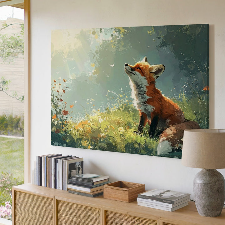 Curious Fox in Meadow Canvas – Whimsical Nature Scene with Morning Light Wall Art - Gifitto