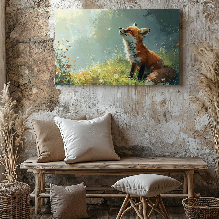 Curious Fox in Meadow Canvas – Whimsical Nature Scene with Morning Light Wall Art - Gifitto