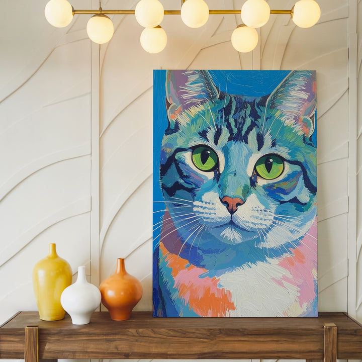 Turquoise Dream Cat Canvas – Surreal Green-Eyed Feline Portrait - Gifitto