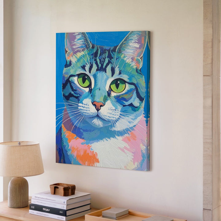 Turquoise Dream Cat Canvas – Surreal Green-Eyed Feline Portrait - Gifitto