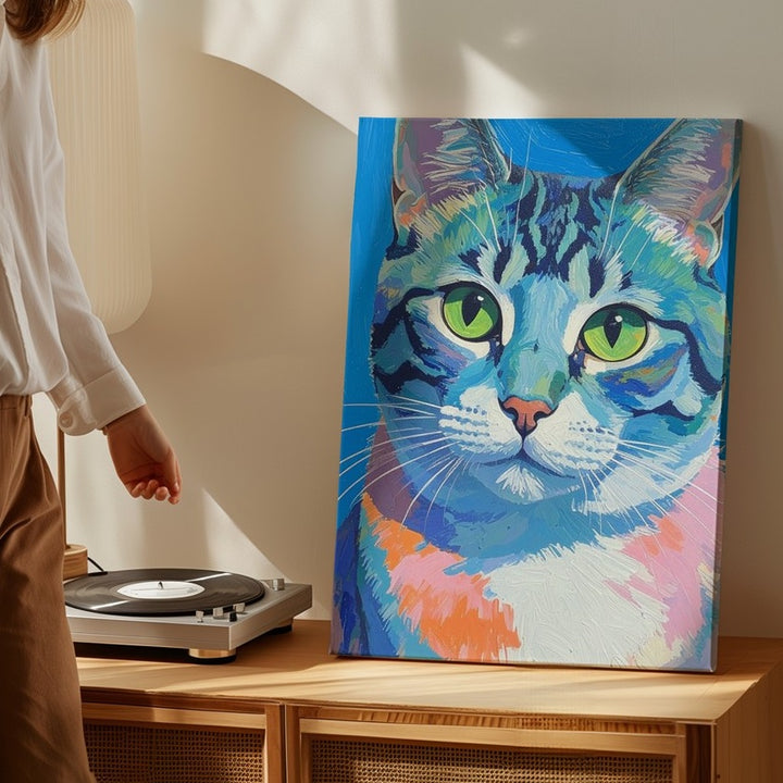 Turquoise Dream Cat Canvas – Surreal Green-Eyed Feline Portrait - Gifitto