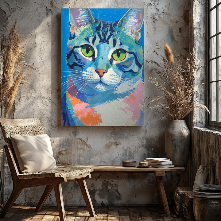 Turquoise Dream Cat Canvas – Surreal Green-Eyed Feline Portrait - Gifitto