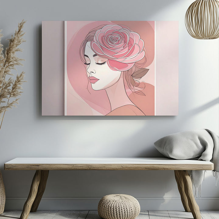 Rose Hair Portrait Canvas – Minimalist Line Art with Floral Feminine Elegance - Gifitto