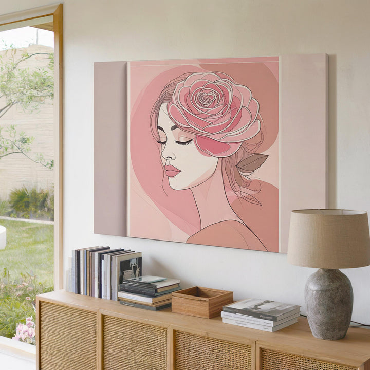 Rose Hair Portrait Canvas – Minimalist Line Art with Floral Feminine Elegance - Gifitto