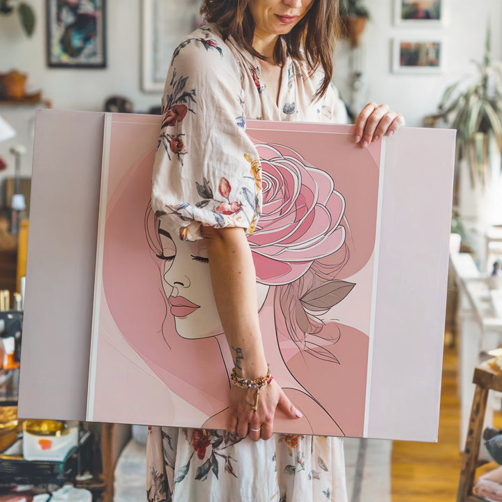 Rose Hair Portrait Canvas – Minimalist Line Art with Floral Feminine Elegance - Gifitto