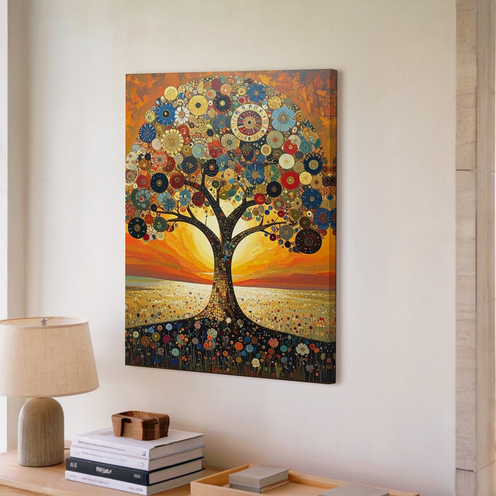 Golden Mandala Tree Canvas – Symbolic Tree of Life with Radiant Floral Design - Gifitto