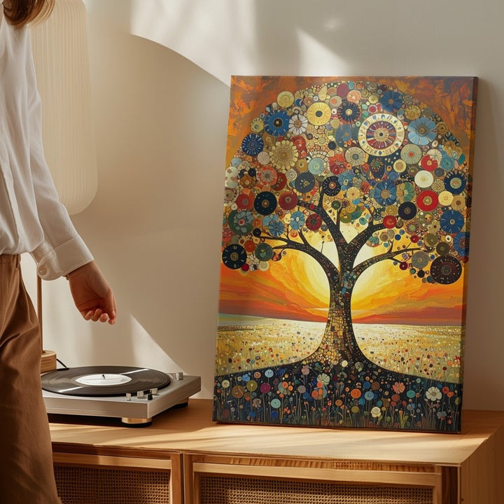 Golden Mandala Tree Canvas – Symbolic Tree of Life with Radiant Floral Design - Gifitto