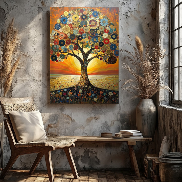 Golden Mandala Tree Canvas – Symbolic Tree of Life with Radiant Floral Design - Gifitto