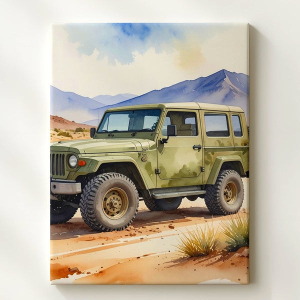 Camouflage Off-Road Jeep Canvas – Watercolor Desert Adventure Wall Art - Gifitto