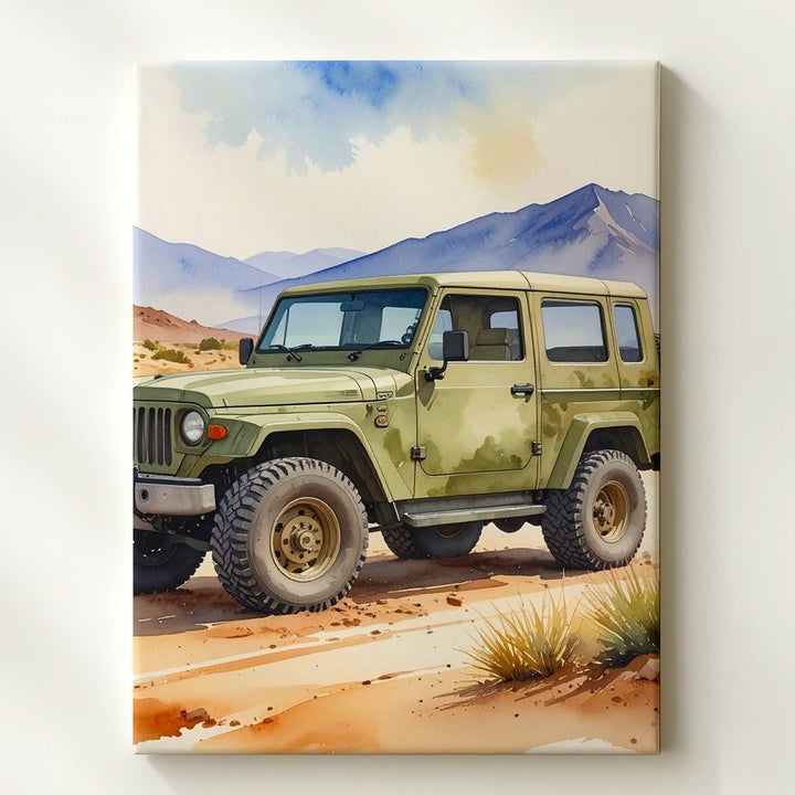 Camouflage Off-Road Jeep Canvas – Watercolor Desert Adventure Wall Art - Gifitto