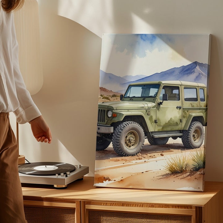 Camouflage Off-Road Jeep Canvas – Watercolor Desert Adventure Wall Art - Gifitto