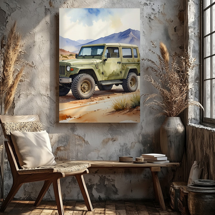Camouflage Off-Road Jeep Canvas – Watercolor Desert Adventure Wall Art - Gifitto
