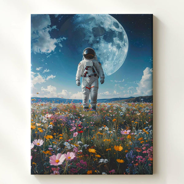 Astronaut in Flower Field Canvas – Cosmic Serenity & Moonlit Beauty Art - Gifitto