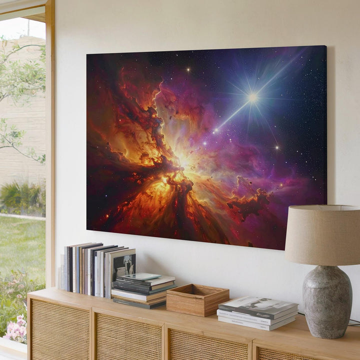 Celestial Storm Nebula Canvas – Fiery Cosmic Scene with Light Flares & Depth - Gifitto