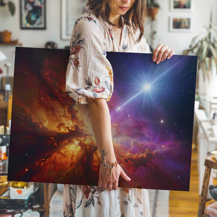 Celestial Storm Nebula Canvas – Fiery Cosmic Scene with Light Flares & Depth - Gifitto
