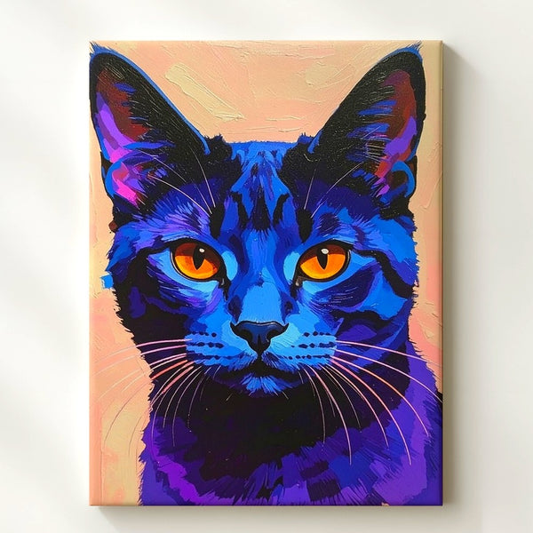 Neon Blue Cat Canvas – Minimalist Pop Art Feline with Orange Eyes - Gifitto