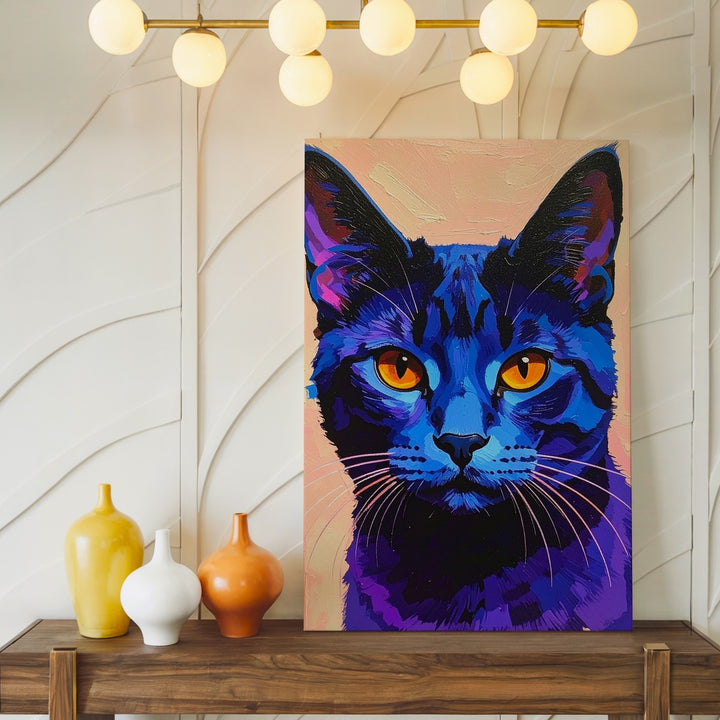 Neon Blue Cat Canvas – Minimalist Pop Art Feline with Orange Eyes - Gifitto
