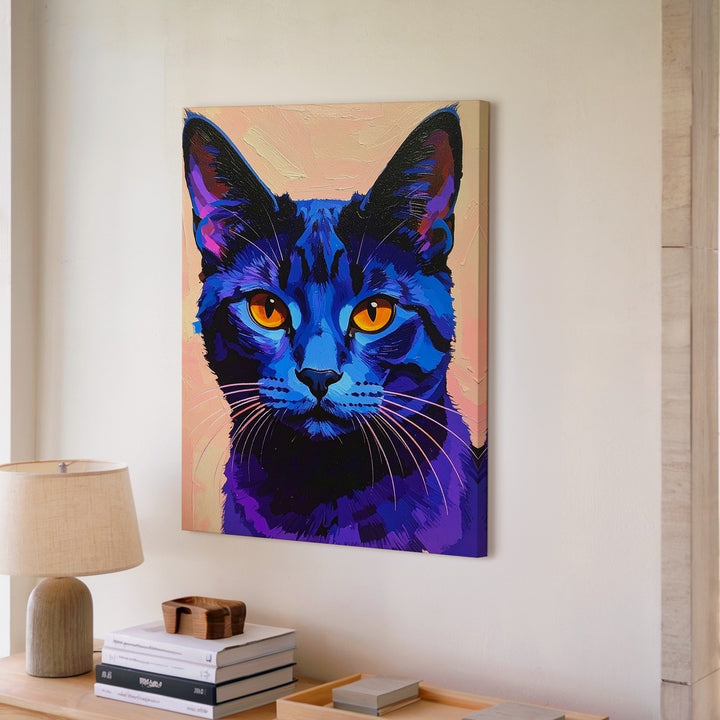 Neon Blue Cat Canvas – Minimalist Pop Art Feline with Orange Eyes - Gifitto