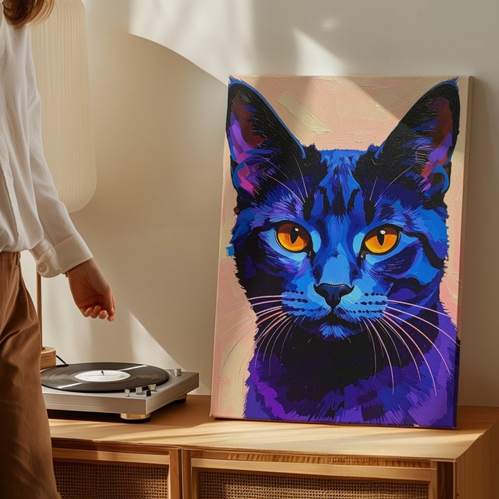 Neon Blue Cat Canvas – Minimalist Pop Art Feline with Orange Eyes - Gifitto