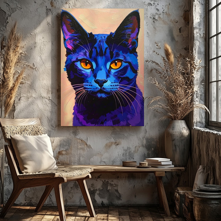 Neon Blue Cat Canvas – Minimalist Pop Art Feline with Orange Eyes - Gifitto