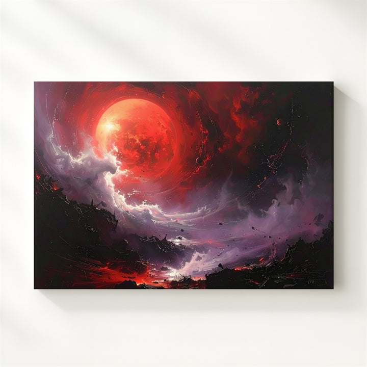 Red Giant Collapse Canvas – Dark Cosmic Drama with Glowing Planet & Debris - Gifitto