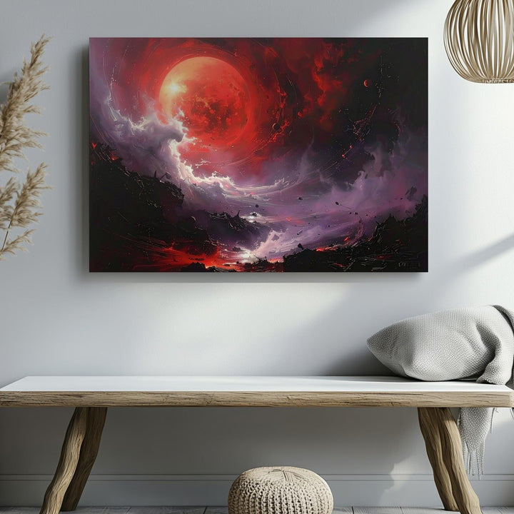 Red Giant Collapse Canvas – Dark Cosmic Drama with Glowing Planet & Debris - Gifitto