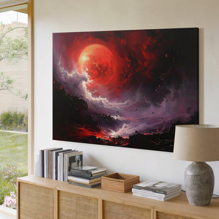 Red Giant Collapse Canvas – Dark Cosmic Drama with Glowing Planet & Debris - Gifitto