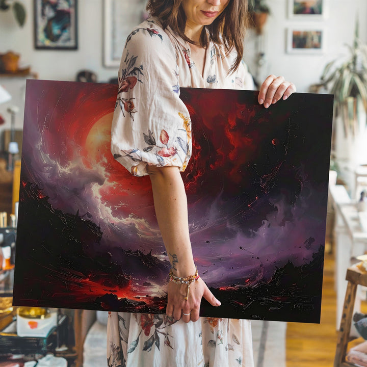 Red Giant Collapse Canvas – Dark Cosmic Drama with Glowing Planet & Debris - Gifitto
