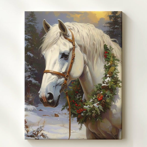Winter Wreath Horse Canvas – Festive White Horse in Snowy Forest - Gifitto