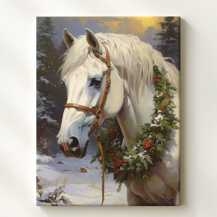 Winter Wreath Horse Canvas – Festive White Horse in Snowy Forest - Gifitto