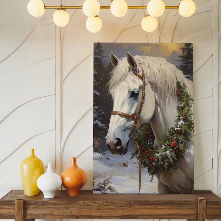 Winter Wreath Horse Canvas – Festive White Horse in Snowy Forest - Gifitto