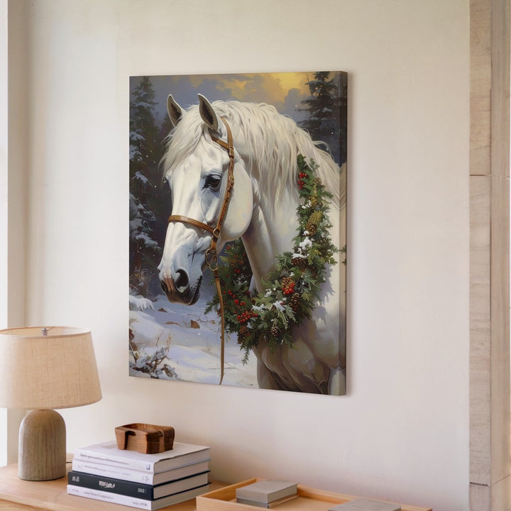 Winter Wreath Horse Canvas – Festive White Horse in Snowy Forest - Gifitto
