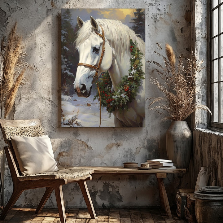 Winter Wreath Horse Canvas – Festive White Horse in Snowy Forest - Gifitto
