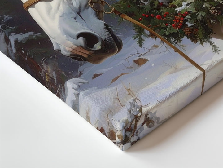 Winter Wreath Horse Canvas – Festive White Horse in Snowy Forest - Gifitto