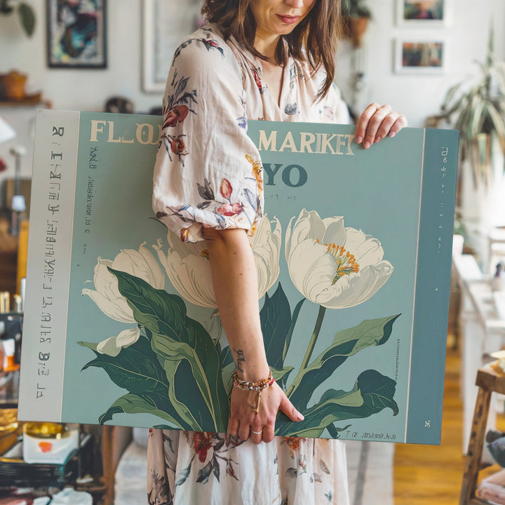 Flower Market Tokyo Canvas – Retro Floral Print with Bold Typography - Gifitto