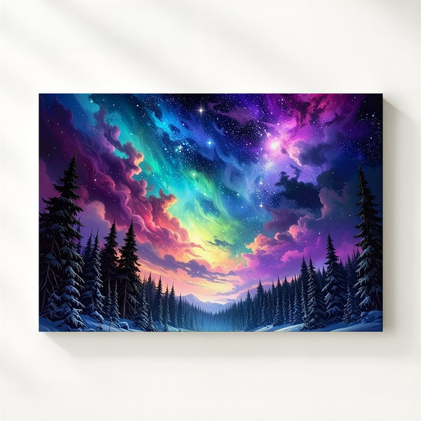 Winter Nebula Forest Canvas – Snowy Pines Under Cosmic Night Sky - Gifitto
