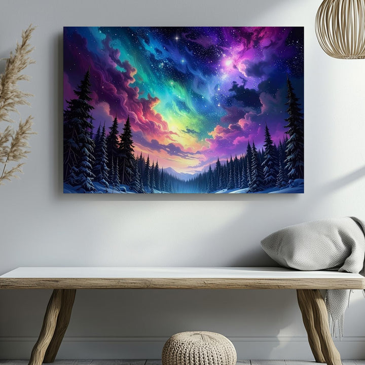 Winter Nebula Forest Canvas – Snowy Pines Under Cosmic Night Sky - Gifitto