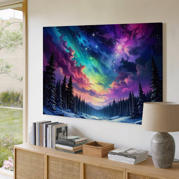 Winter Nebula Forest Canvas – Snowy Pines Under Cosmic Night Sky - Gifitto