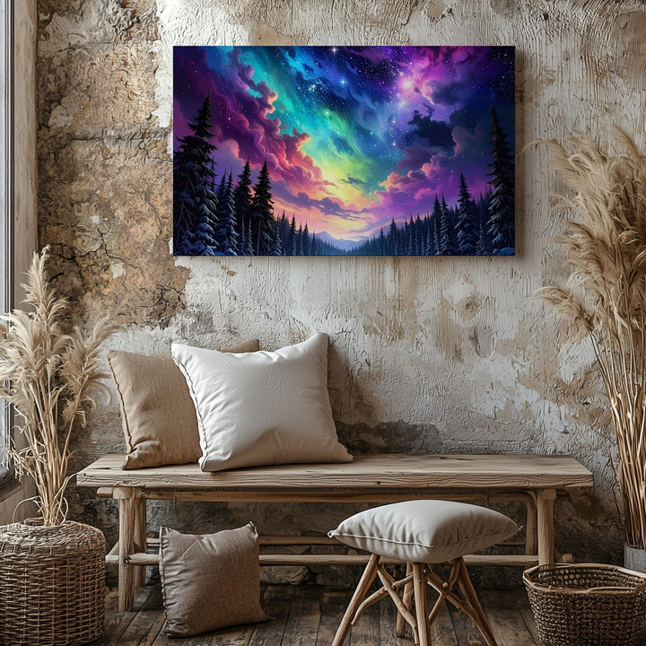 Winter Nebula Forest Canvas – Snowy Pines Under Cosmic Night Sky - Gifitto