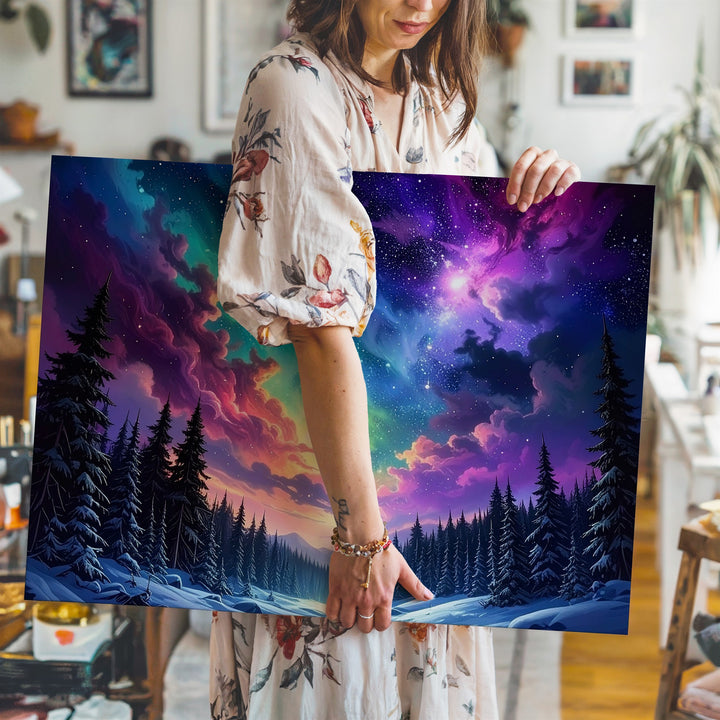 Winter Nebula Forest Canvas – Snowy Pines Under Cosmic Night Sky - Gifitto