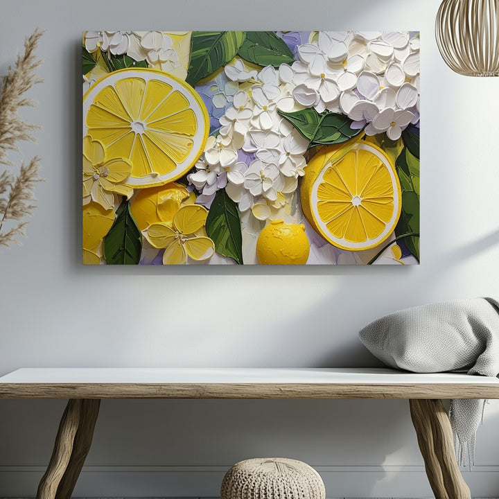 Lemon & Hydrangea Canvas – Bright Citrus and Floral Decorative Art - Gifitto