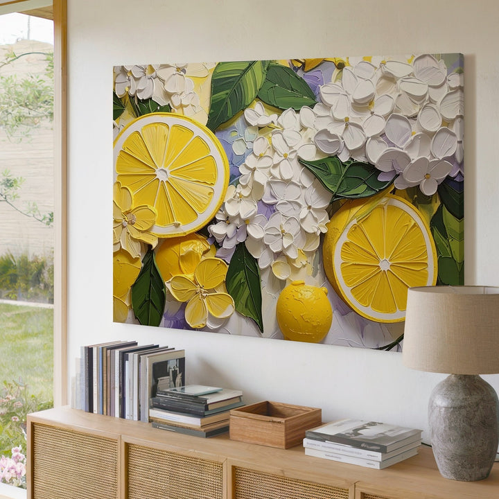 Lemon & Hydrangea Canvas – Bright Citrus and Floral Decorative Art - Gifitto