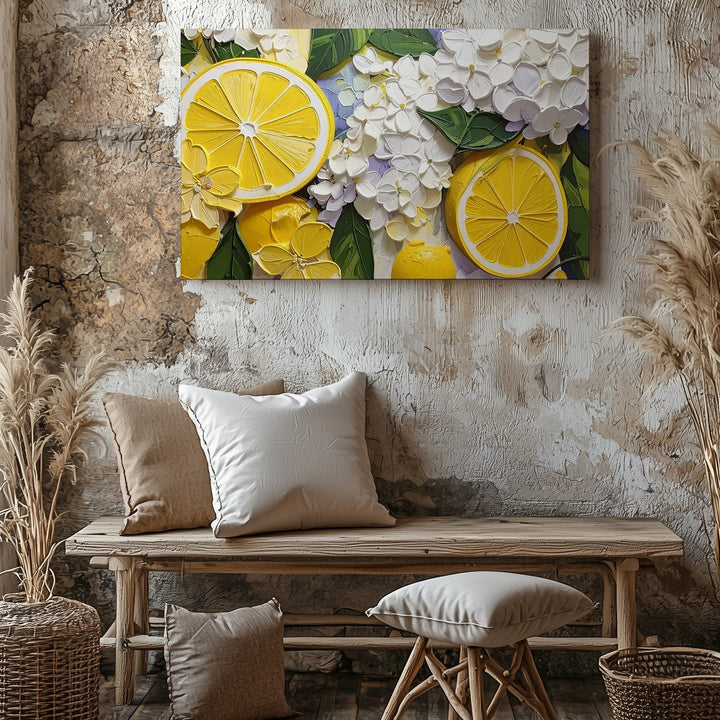 Lemon & Hydrangea Canvas – Bright Citrus and Floral Decorative Art - Gifitto