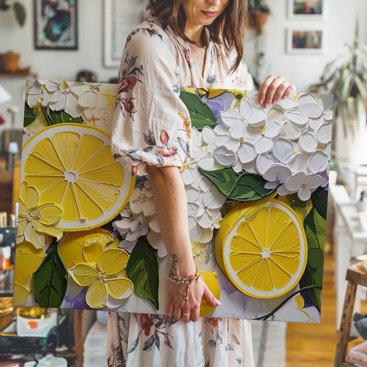 Lemon & Hydrangea Canvas – Bright Citrus and Floral Decorative Art - Gifitto