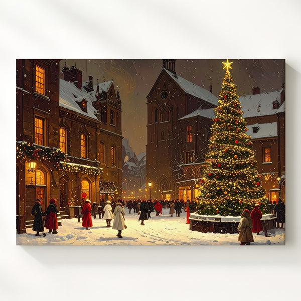 Christmas Market Square Canvas – Festive Snowy Town with Tree and Lights - Gifitto