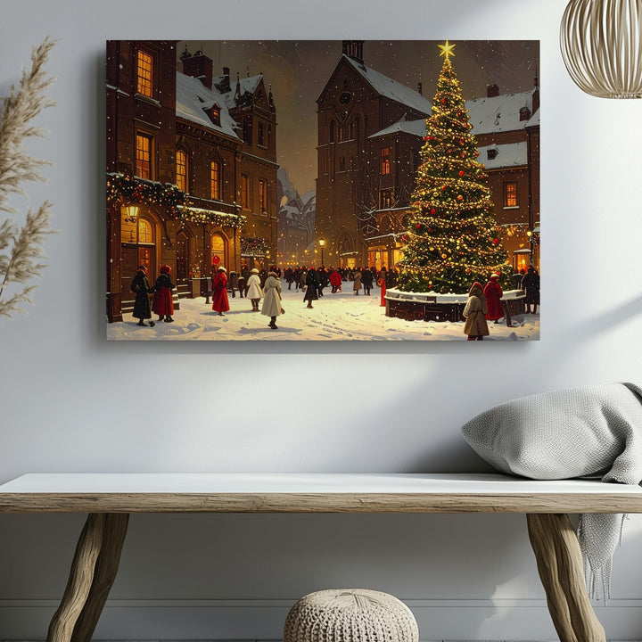 Christmas Market Square Canvas – Festive Snowy Town with Tree and Lights - Gifitto