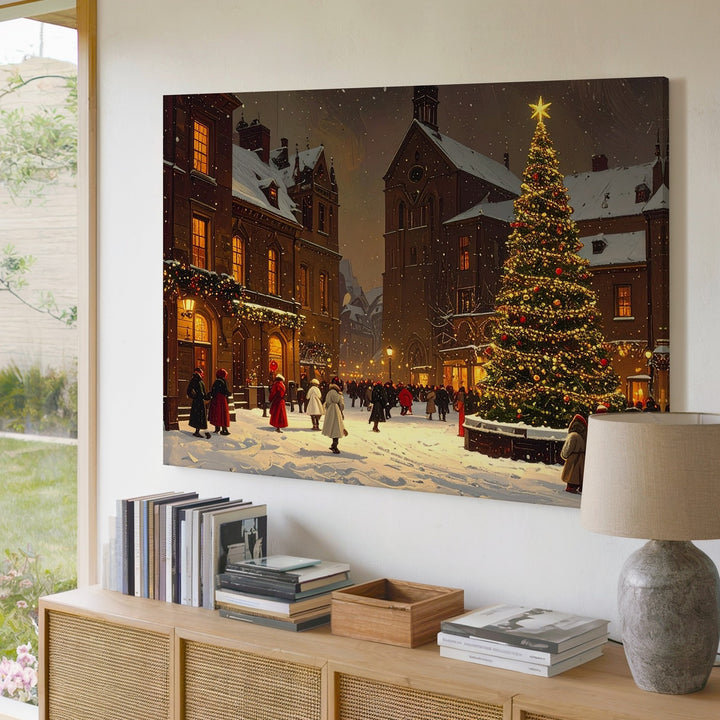 Christmas Market Square Canvas – Festive Snowy Town with Tree and Lights - Gifitto