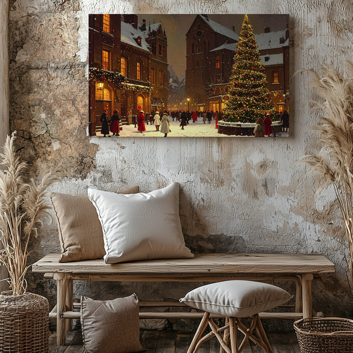 Christmas Market Square Canvas – Festive Snowy Town with Tree and Lights - Gifitto