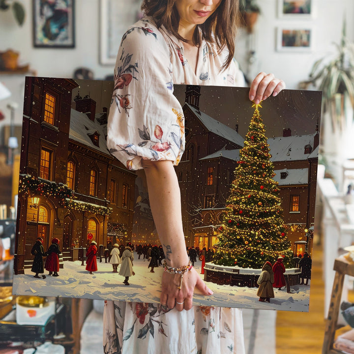 Christmas Market Square Canvas – Festive Snowy Town with Tree and Lights - Gifitto