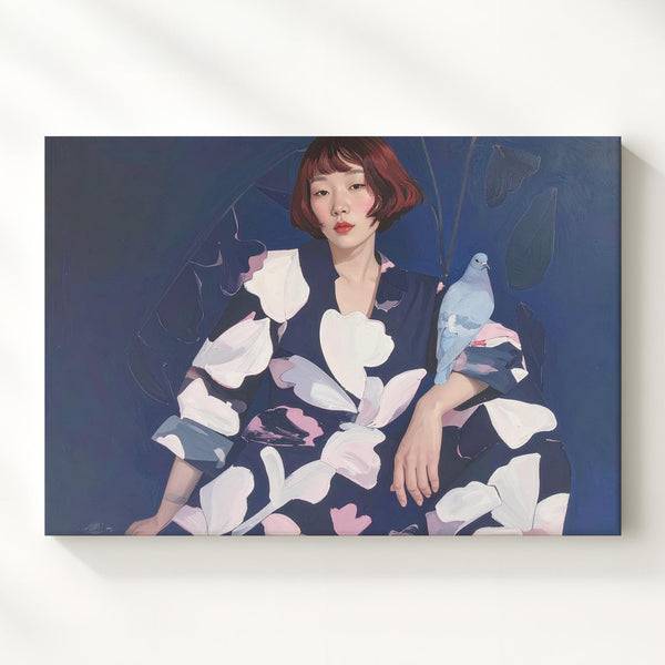 Contemplative Woman with Pigeon Canvas – Modern Figurative Art - Gifitto